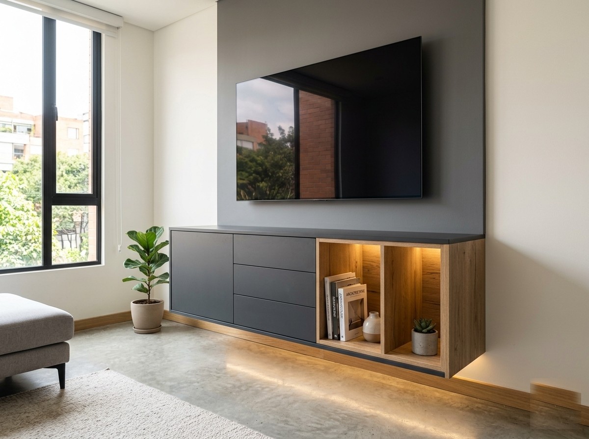 Mueble de TV flotante en melamina a la medida en Bogotá