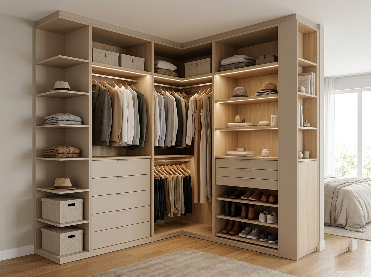 Vestidor abierto tipo walk-in en melamina a la medida